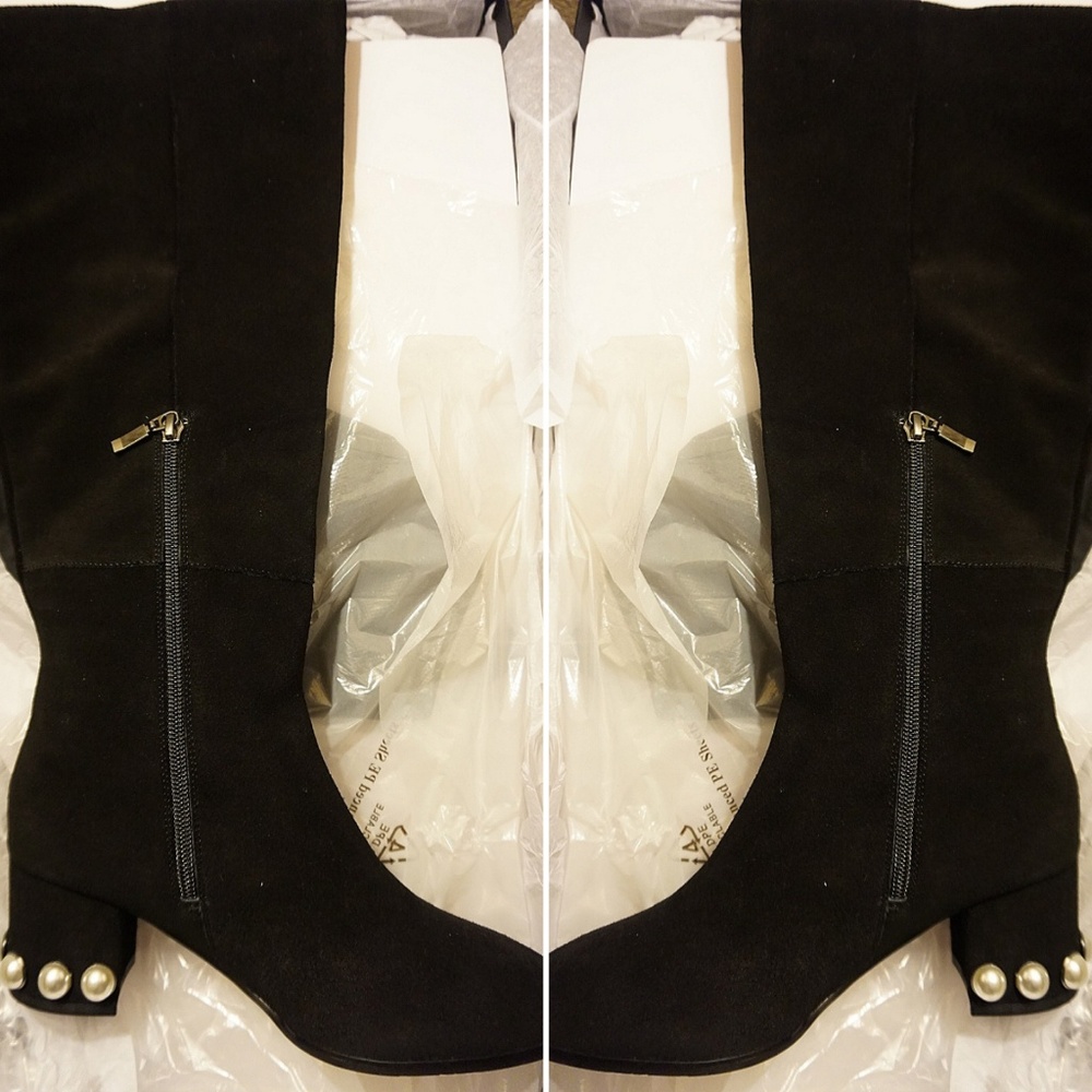 Chunky heel knee high boot with pearl detailing